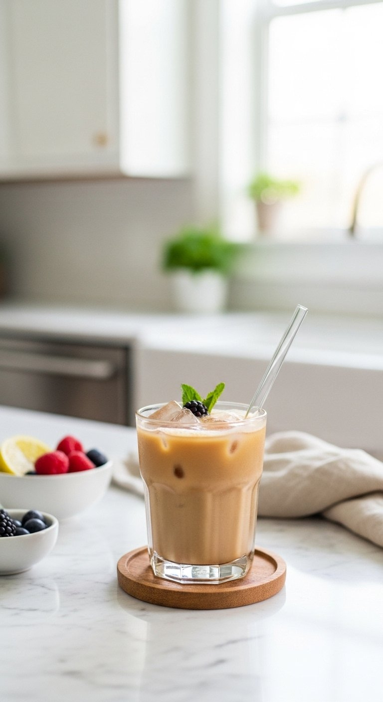 Healthy Iced Coffee With Non-Dairy Milk Foam And Fresh Mint Garnish On A White Marble Countertop.