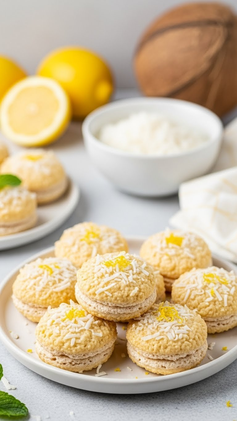Healthy Lemon Coconut Macaroons With Shredded Coconut Arranged On Ceramic Platter With Fresh Lemons