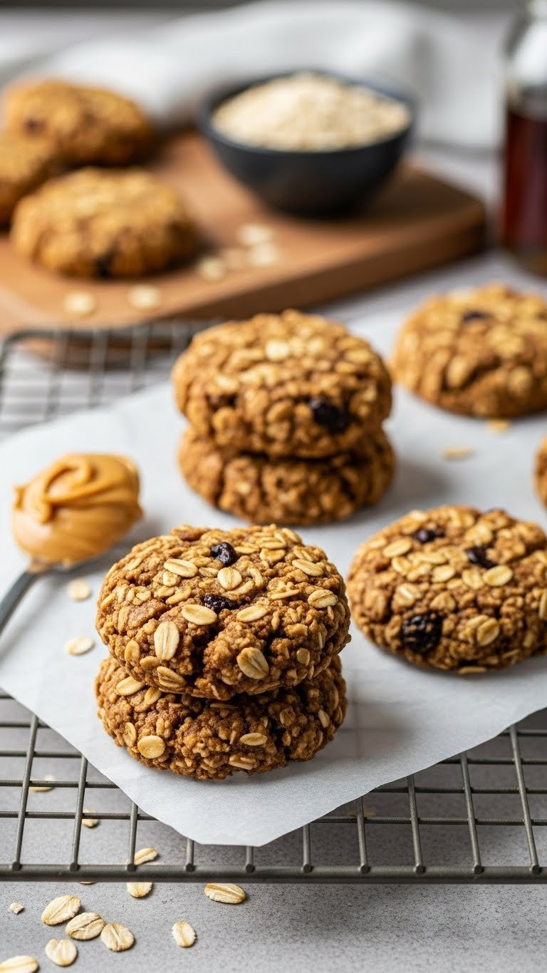Healthy No-Bake Oatmeal Cookies With Rolled Oats And Chocolate Chips On Parchment Paper Cooling Rack.