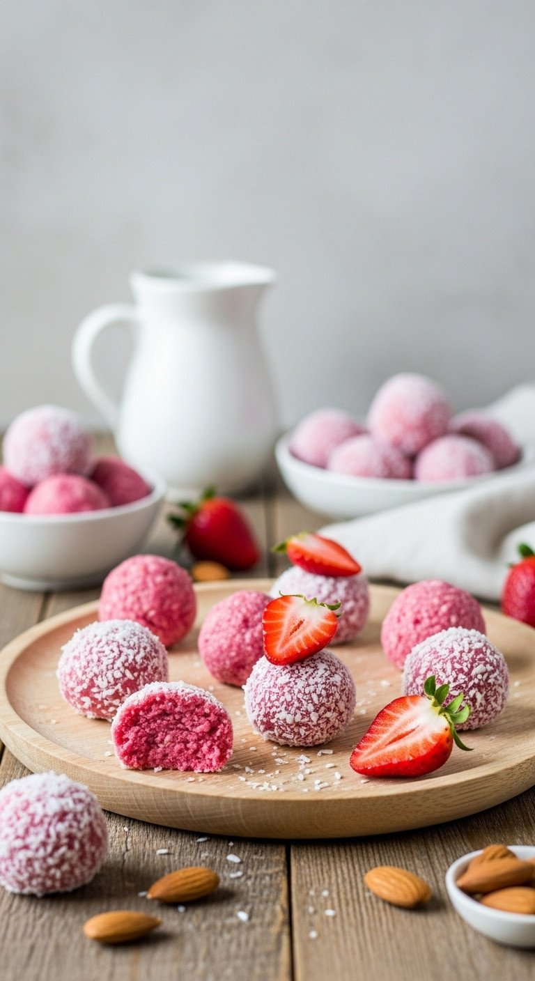 Healthy No-Bake Strawberry Almond Bites With Coconut &Amp; Fresh Strawberry Slivers On A Light Wooden Platter, Soft Light.