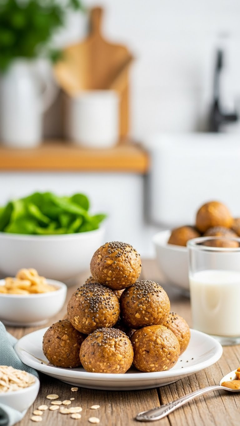 Healthy Peanut Butter Energy Balls With Chia Seeds Artfully Arranged On A Rustic Wooden Table With Soft Bokeh Background