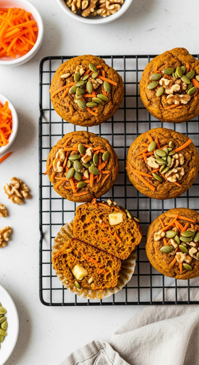 Healthy Pumpkin Morning Glory Muffins Cooling On A Black Wire Rack Showing Carrot Nuts And Seeds