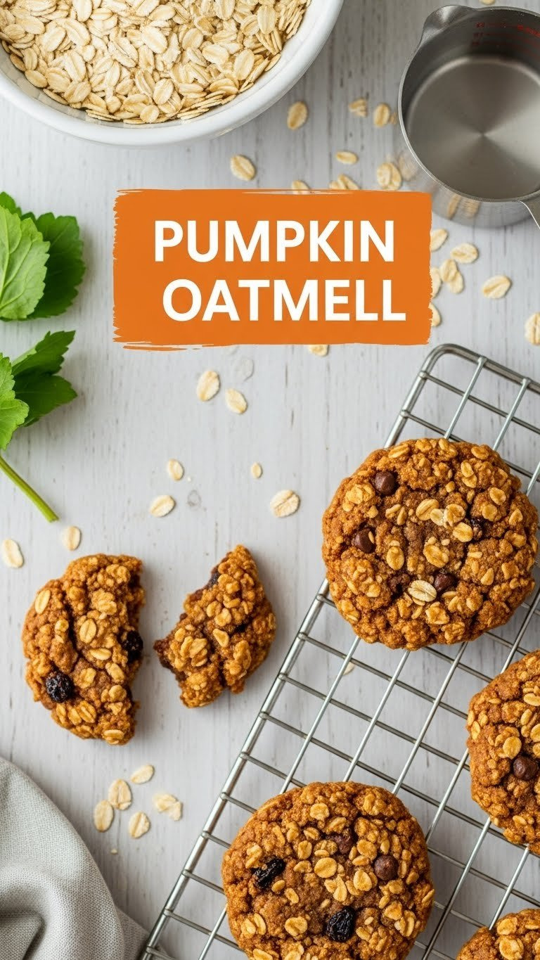 Healthy Pumpkin Oatmeal Cookies With Oats And Raisins On Cooling Rack, Light Wood Counter, Bowl Of Oats.