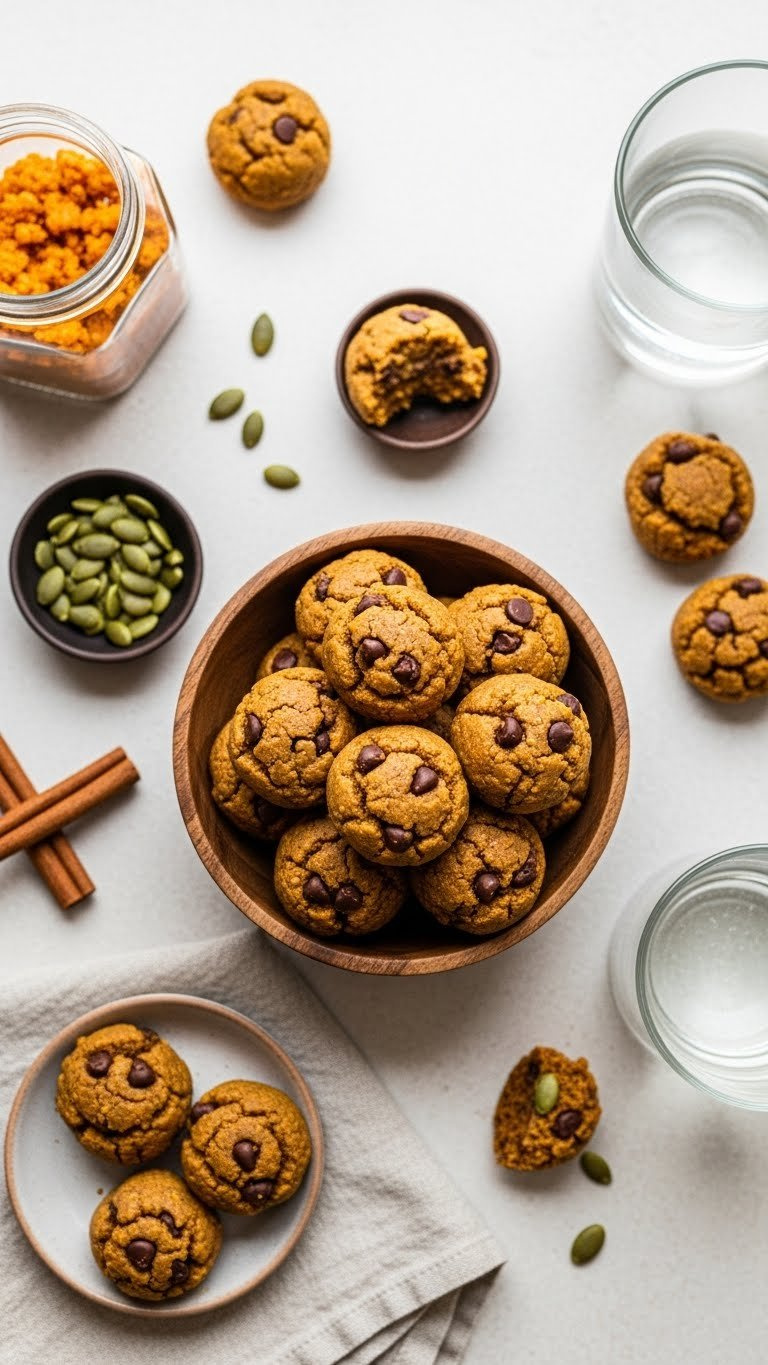 Healthy Pumpkin Protein Energy Bites With Chocolate Chips In Rustic Wooden Bowl