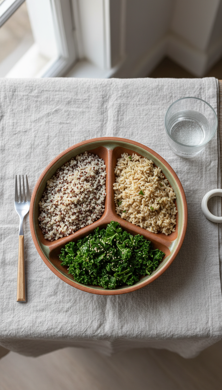 Healthy Quinoa Bowl With Fluffy Grains, Vibrant Kale, And Brown Rice On A Linen Tablecloth.