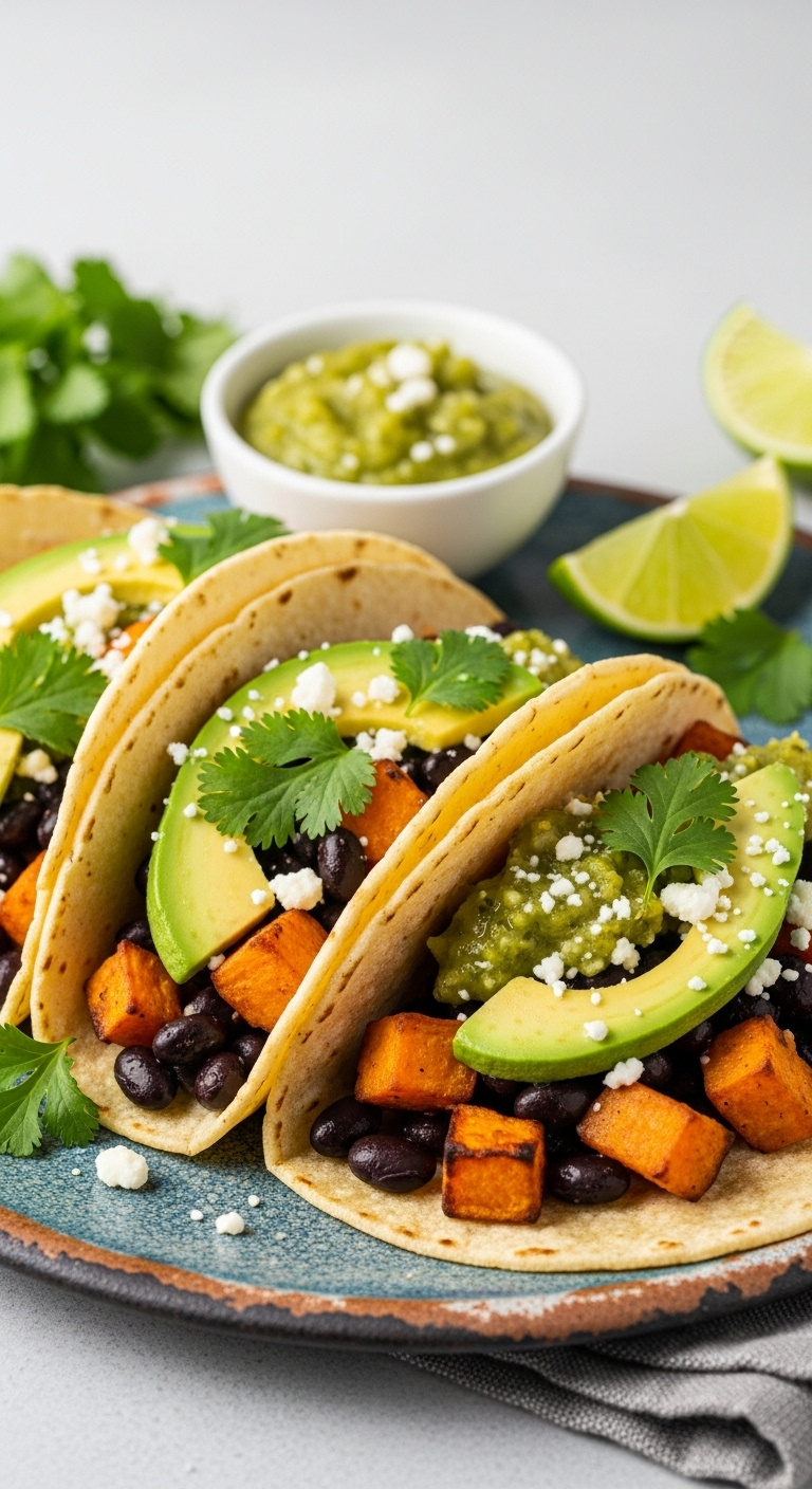 Healthy Sweet Potato And Black Bean Tacos With Avocado Cilantro And Cotija Cheese On Rustic Plate With Salsa Verde And Lime