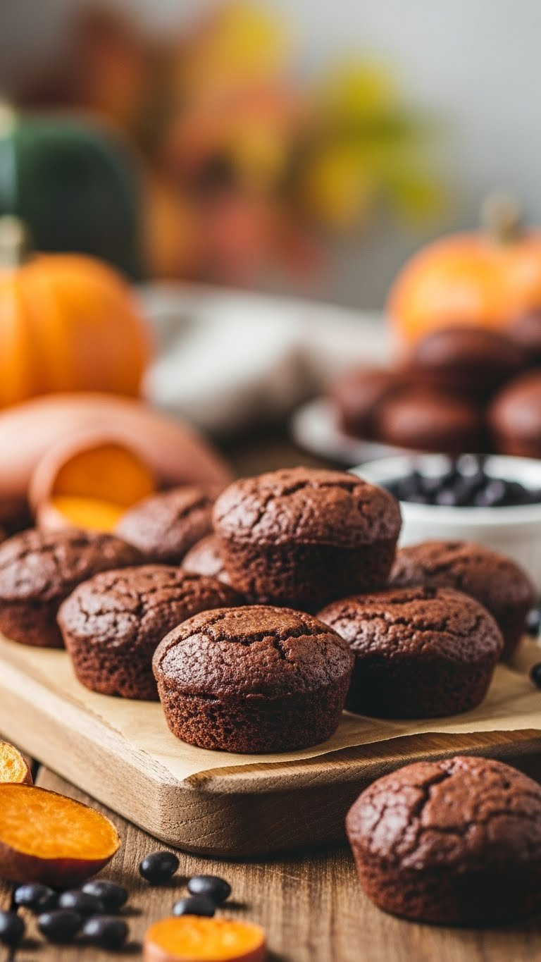 Healthy Sweet Potato Black Bean Brownie Bites Arranged On Rustic Wooden Board With Autumn Setting Background