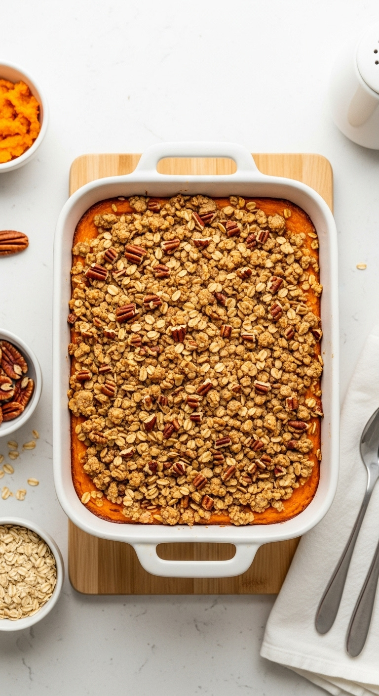 Healthy Sweet Potato Casserole With An Oat And Pecan Crumble In A White Baking Dish On A Light Wood Surface