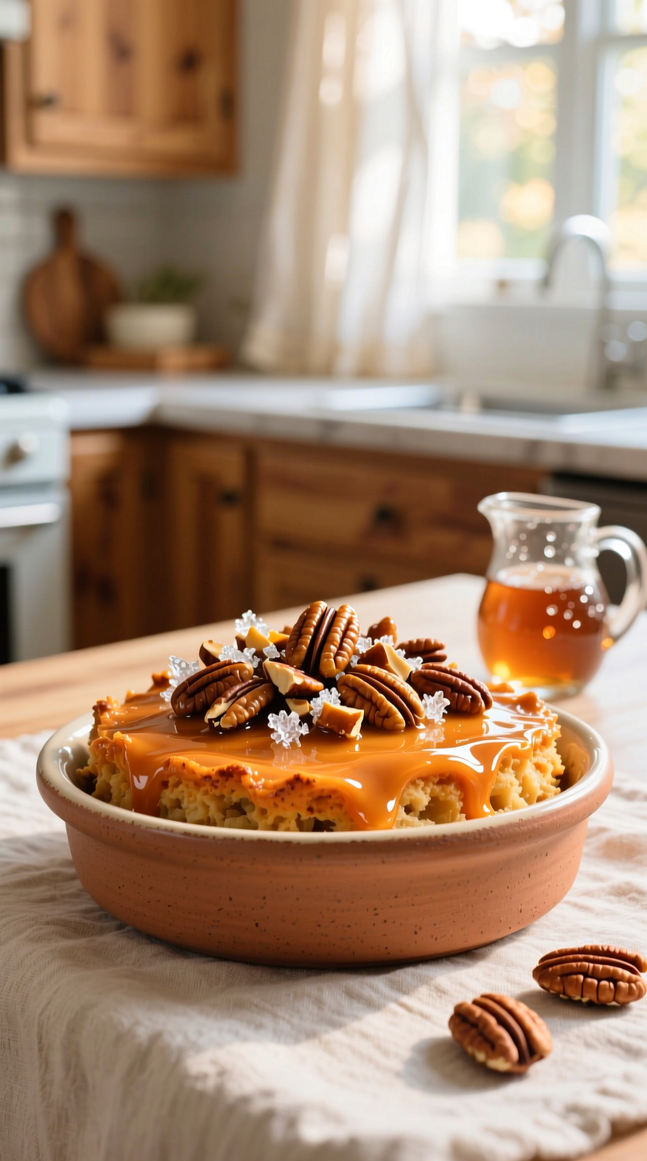 Healthy Sweet Potato Casserole With Maple Candied Pecans In An Earthenware Dish With Maple Syrup And Pecans