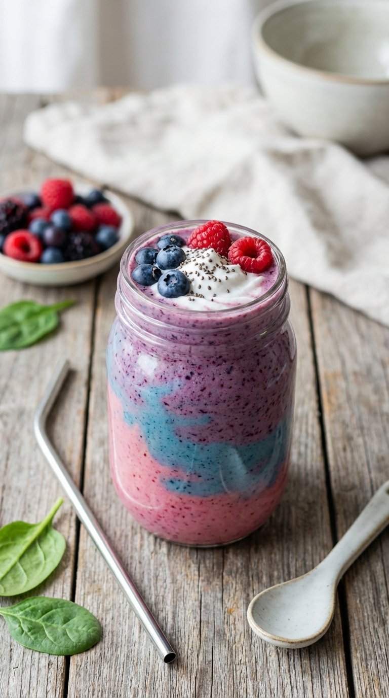Healthy Unicorn Smoothie With Swirled Pastel Layers And Coconut Whipped Cream Topping In Mason Jar