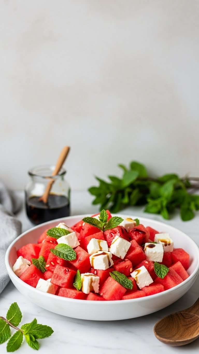 Healthy Watermelon, Feta, Mint Salad In White Bowl, With Red Watermelon, Creamy Feta, Green Mint, And Balsamic Glaze.