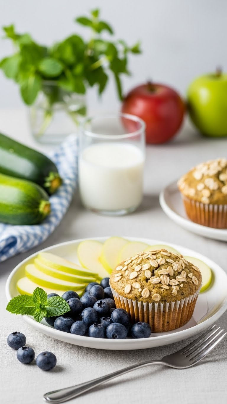 Healthy Zucchini Muffin With Oats And Fresh Blueberries Arranged On White Plate, Showcasing Wholesome Breakfast Ingredients.