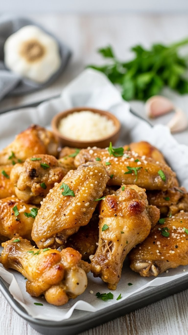 Heap Of Crispy Keto Garlic Parmesan Wings Coated In Shimmering Sauce With Herbs On A Metal Tray For Game Day.