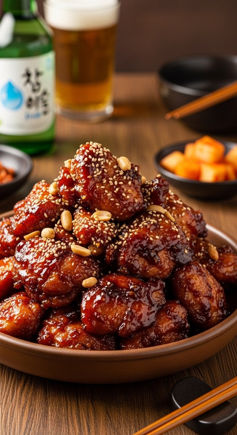 Heaping Bowl Of Glazed Dakgangjeong Garnished With Peanuts And Sesame Seeds On Wood.