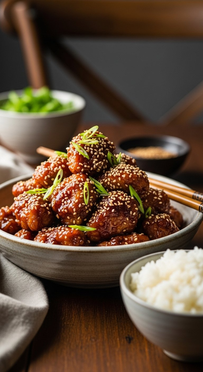 Heaping Pile Of Sticky Korean Chicken Garnished With Sesame Seeds And Green Onions In A Rustic Ceramic Bowl.