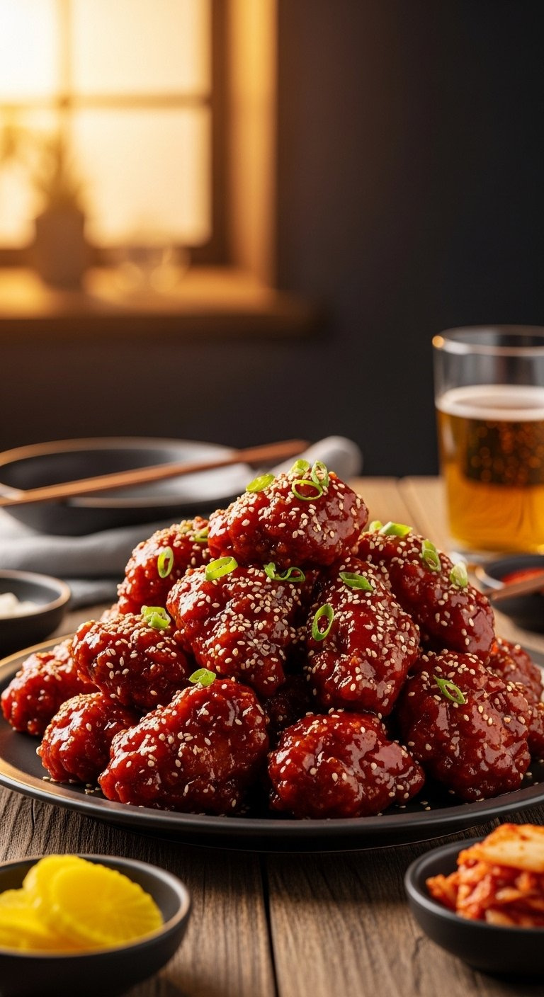 Heaping Platter Of Glossy Korean Fried Chicken Garnished With Sesame Seeds And Fresh Scallions.
