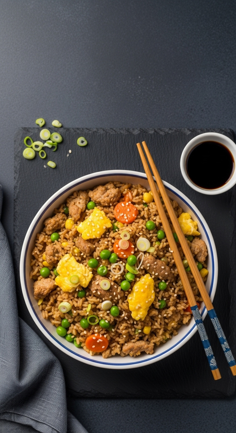 Heaping Portion Of Pork Fried Rice In A Blue And White Bowl, Showcasing Seasoned Pork, Vibrant Peas, Carrots, And Scrambled Egg With Chopsticks.