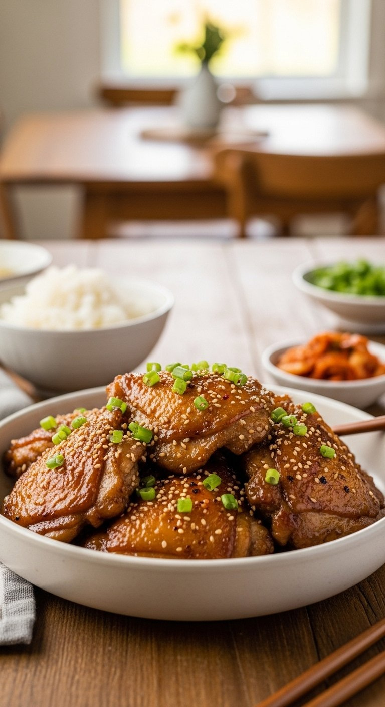 Heaping Serving Of Korean Soy Garlic Chicken Garnished With Sesame Seeds And Green Onions In A Stylish Bowl.
