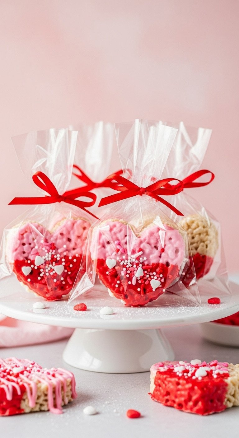 Heart-Shaped Rice Krispie Treats Dipped In Pink And Red Chocolate, Topped With White Sprinkles, Wrapped For Valentine's Day.