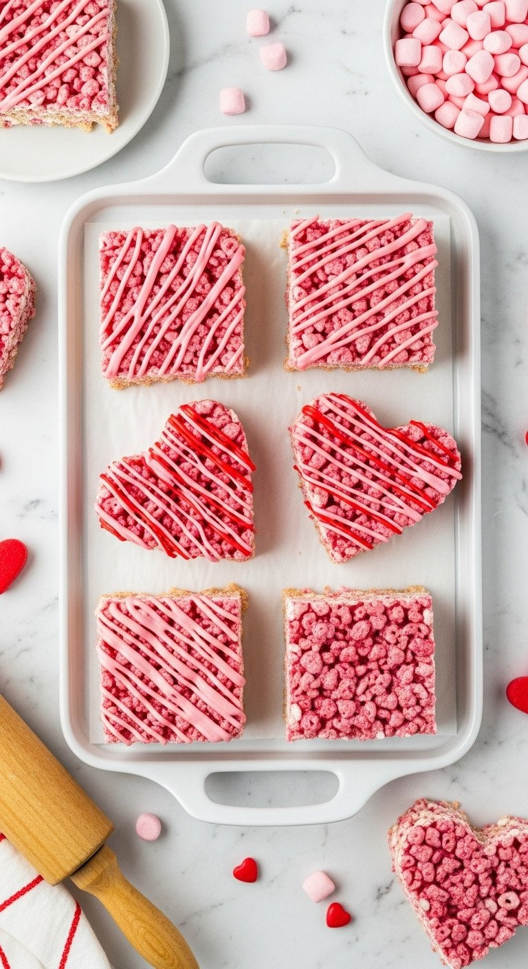 Heart-Shaped Valentine Rice Krispie Treats Drizzled With Pink And Red Icing On A White Tray.