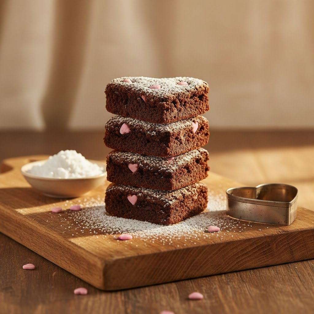 Heart-Shaped Brownie Bites Dusted With Powdered Sugar And Pink Candy Hearts On Rustic Wooden Board