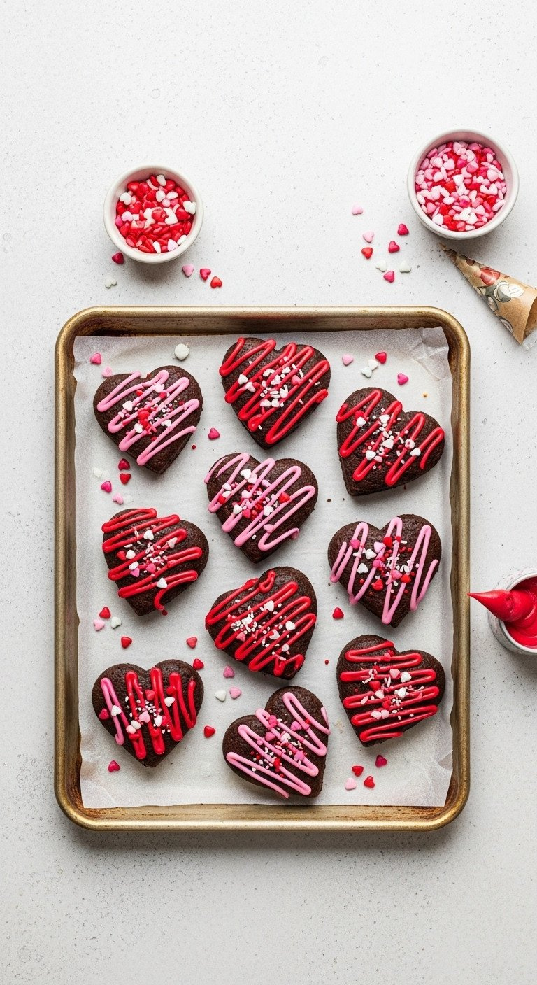 Heart-Shaped Brownies Decorated With Pink And Red Candy Melts, Valentine Sprinkles On Parchment Paper, Flat Lay.