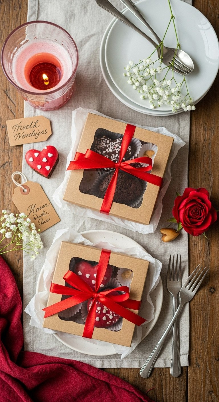 Heart-Shaped Brownies Packaged In A Gift Box With Red Satin Ribbon On A Rustic Wooden Table, With Gift Tag &Amp; Flowers.