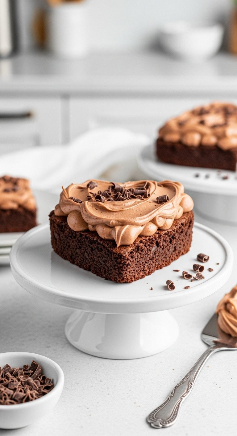Heart-Shaped Brownies With Glossy Whipped Chocolate Ganache Frosting, Chocolate Shavings, On A White Cake Stand In A Kitchen.