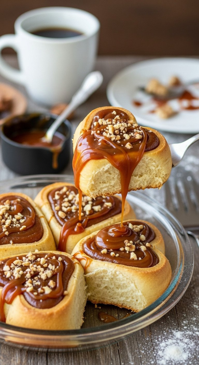 Heart-Shaped Caramel Rolls Dripping With Glossy Sauce, Chopped Nuts, Served In Glass Dish On Rustic Table.