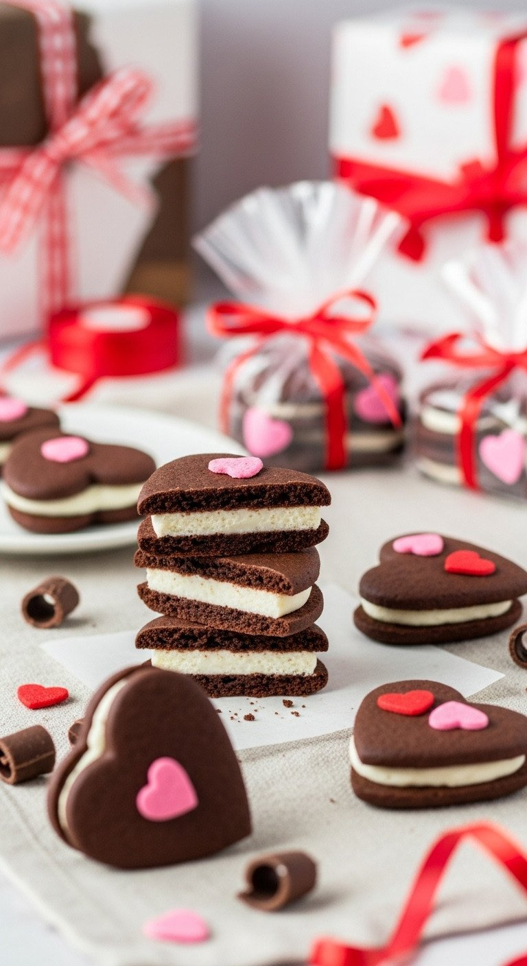 Heart-Shaped Chocolate Sandwich Cookies With Creamy White Filling, Stacked, Red Ribbons. Romantic Valentine's Homemade Dessert.