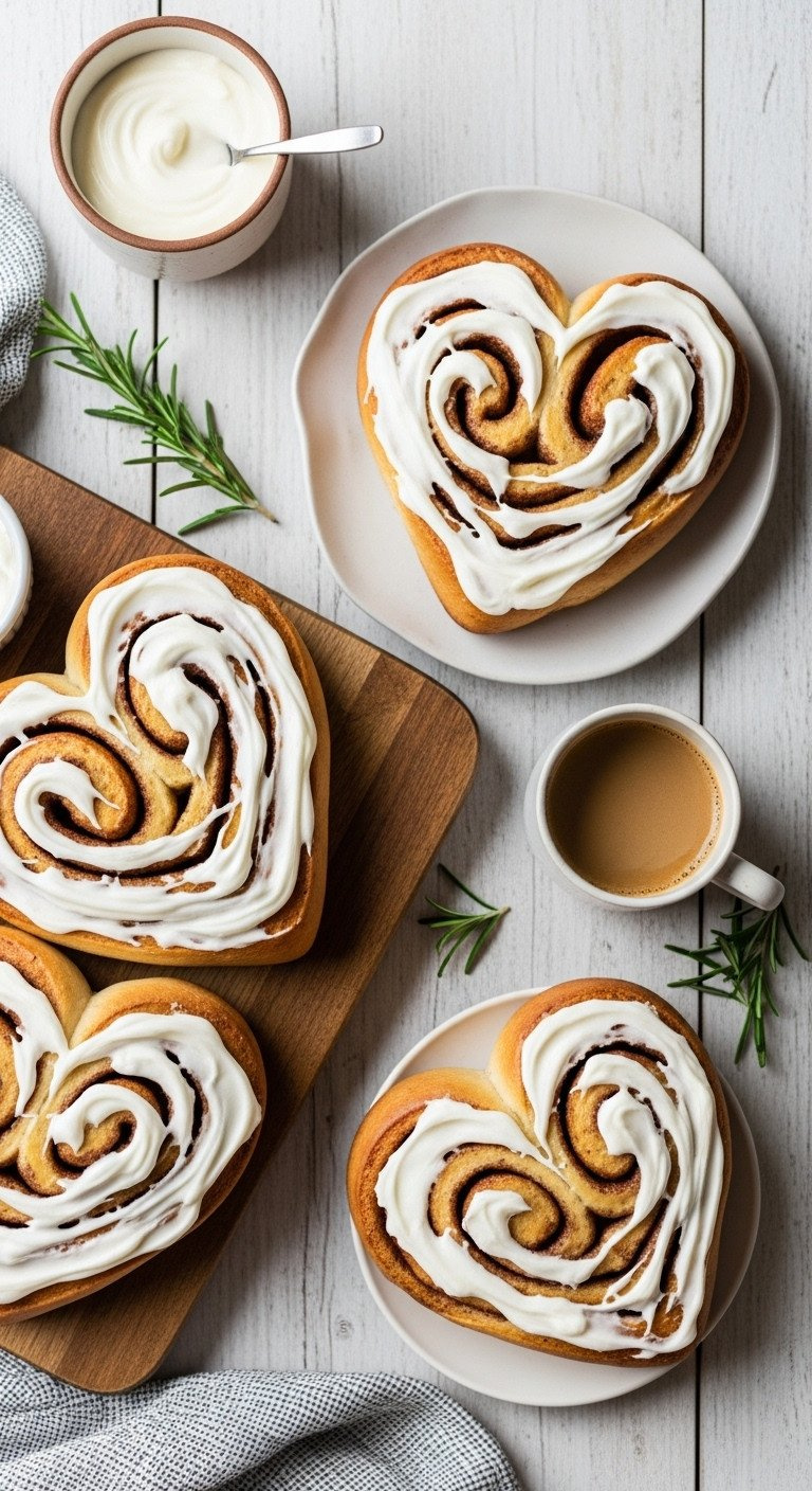 Heart-Shaped Cinnamon Rolls With Generous White Cream Cheese Frosting On A Rustic Wooden Board. Cozy Valentines Breakfast.