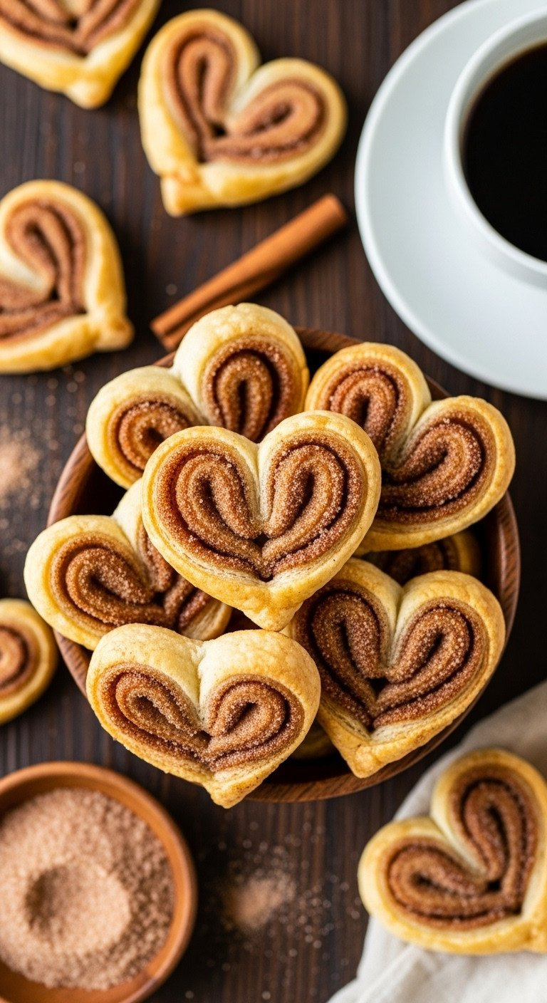 Heart-Shaped Cinnamon Sugar Puff Pastry Bites, Flaky, Warm Brown, Dusted With Spice In Rustic Bowl On Dark Wood With Coffee.