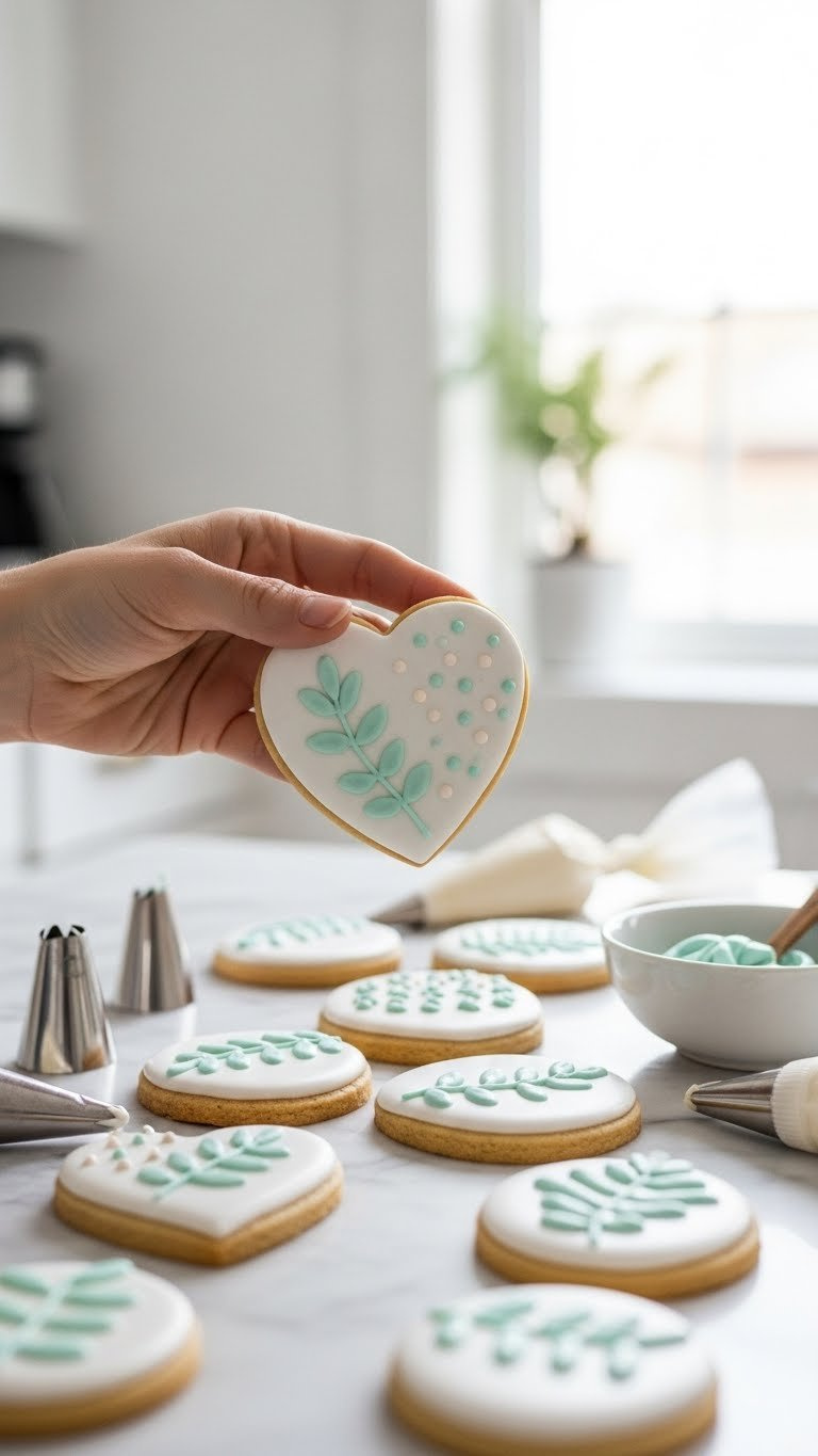 Heart-Shaped Cookies With Minimalist Royal Icing Patterns In Soft Pastel Shades On Marble Countertop With Piping Tools