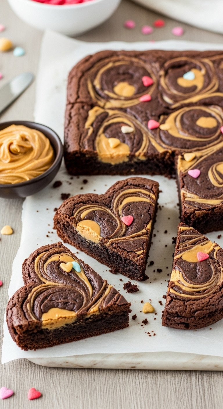 Heart-Shaped Dark Chocolate Brownies With Creamy Peanut Butter Swirls, Fudgy Texture On Cutting Board. Sprinkles, Melted Peanut Butter.