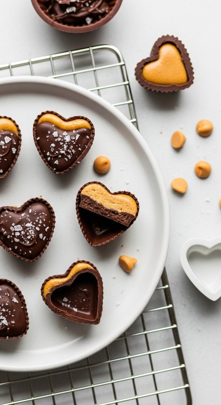 Heart-Shaped Dark Chocolate Peanut Butter Cups On A White Plate With Sea Salt &Amp; Peanut Butter Chips. Homemade Valentine's Candy.