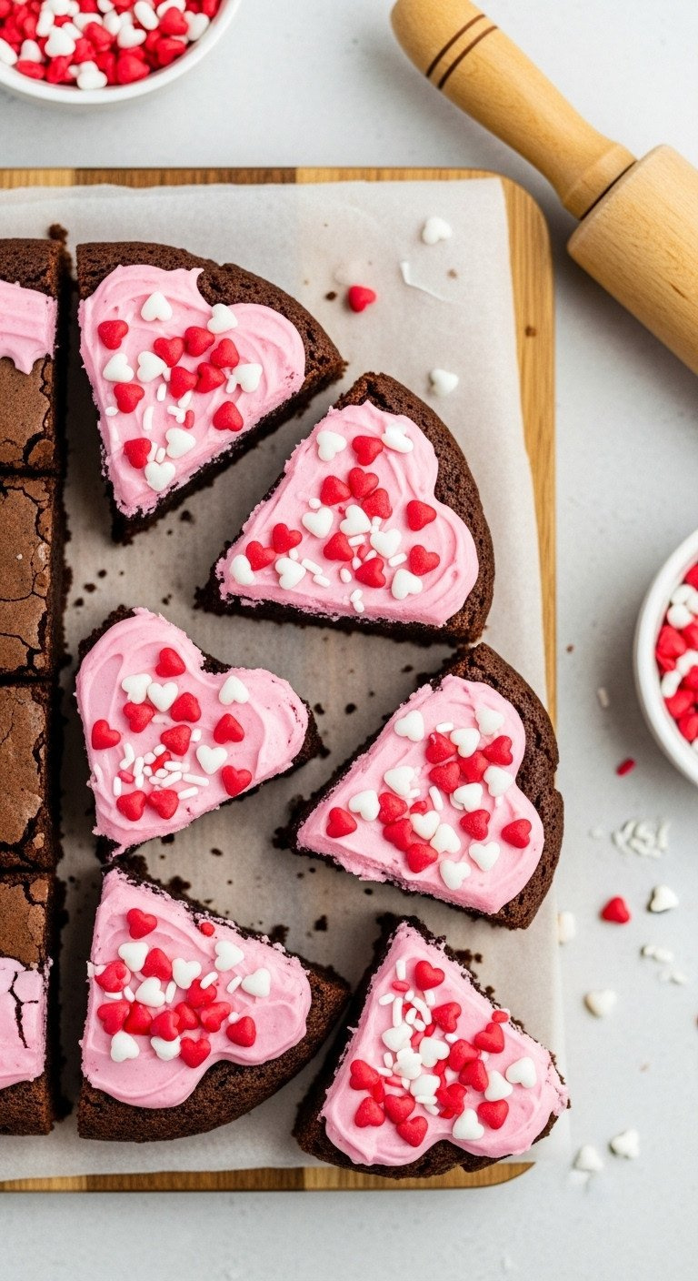 Heart-Shaped Fudgy Brownies With Pink Frosting And Red &Amp; White Sprinkles On A Wooden Board. Perfect Valentine's Day Dessert.