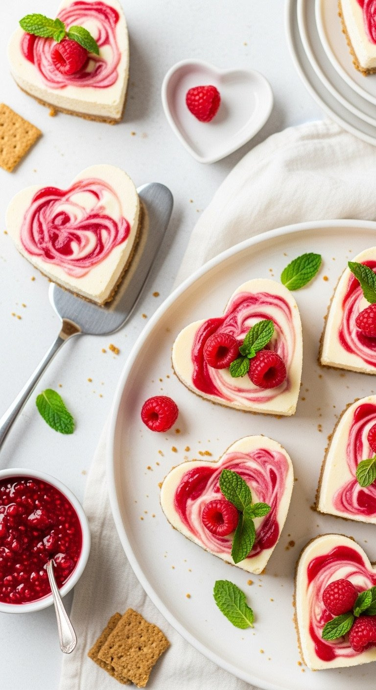 Heart-Shaped Gluten-Free Cheesecake Bars With Raspberry Swirl, Fresh Berries, Mint, On A White Platter, Flat Lay.