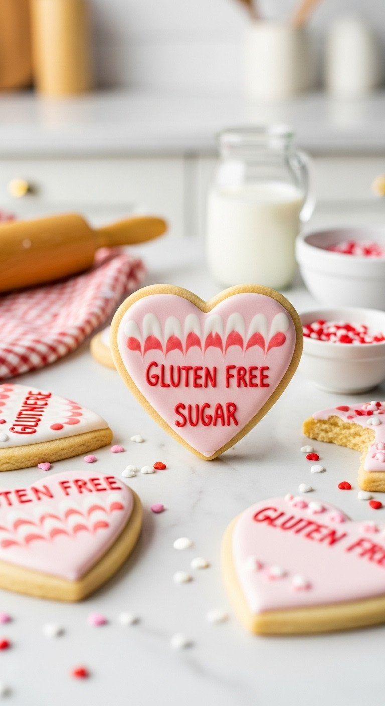 Heart-Shaped Gluten-Free Sugar Cookies With Pink &Amp; White Icing, Valentine Sprinkles On Marble, Flat Lay With Milk, Perfect For Sharing.