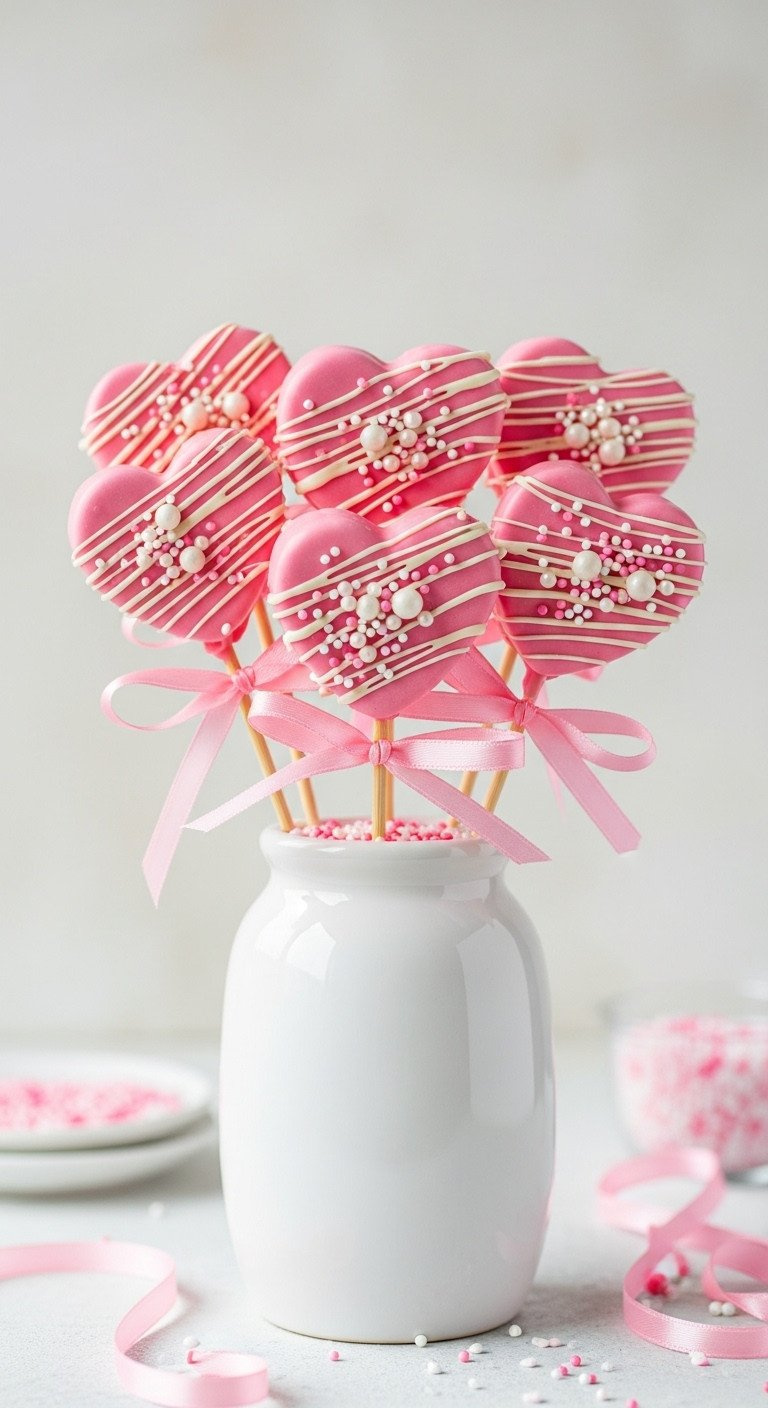 Heart-Shaped Marshmallow Pops With Pink Candy Melts, Pearl Sprinkles, And White Drizzle, Standing In A Decorative Vase.