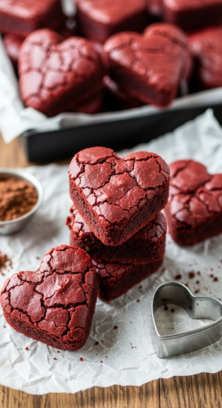 Heart-Shaped Red Velvet Brownie Bites With Fudgy Texture And Crackled Tops, Dusted With Sugar On A Wooden Table.