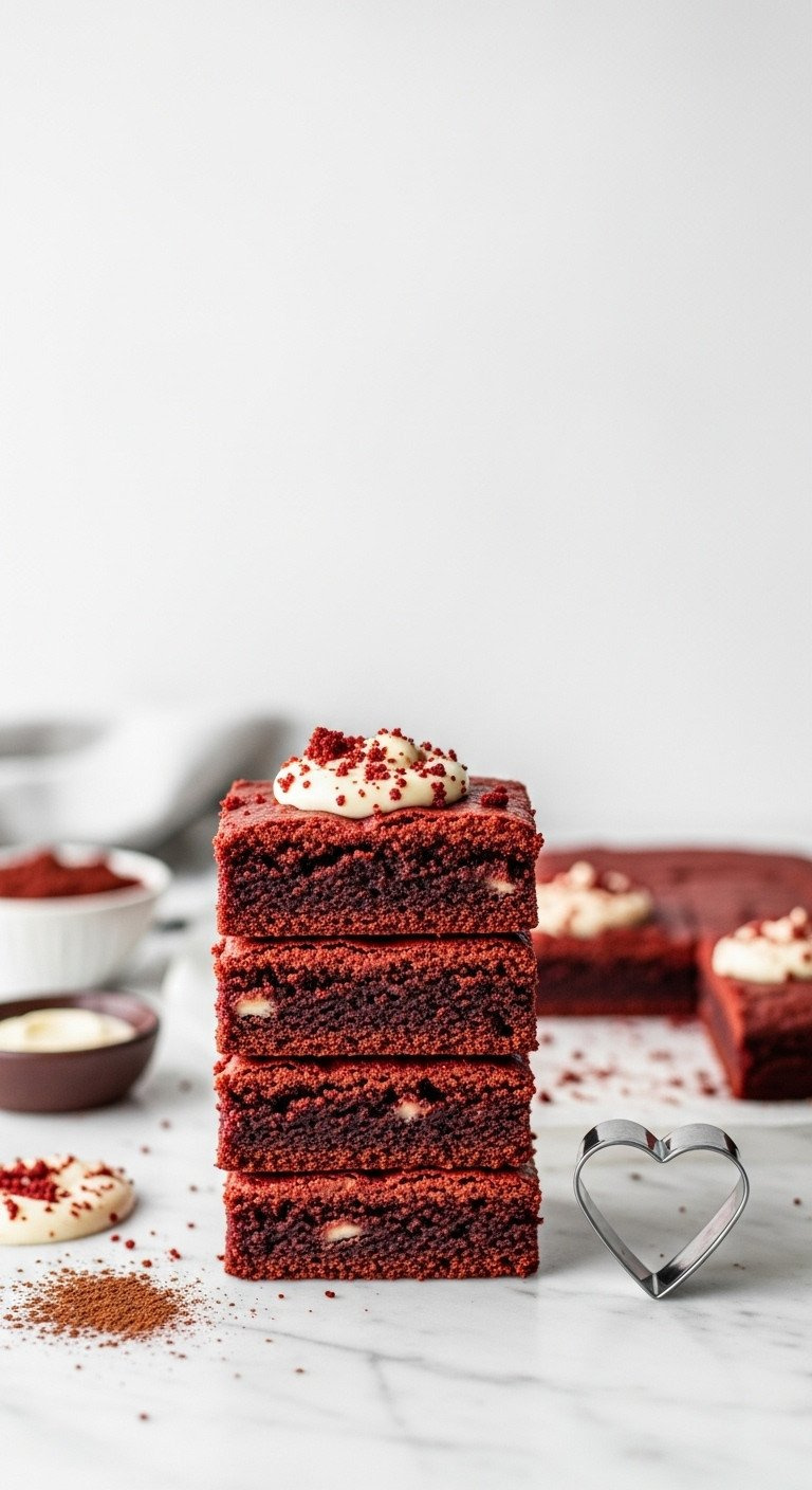 Heart-Shaped Red Velvet Brownies Stacked On Marble, Drizzled With Cream Cheese Glaze, Cocoa Powder &Amp; Cookie Cutter. Bright Flat Lay.