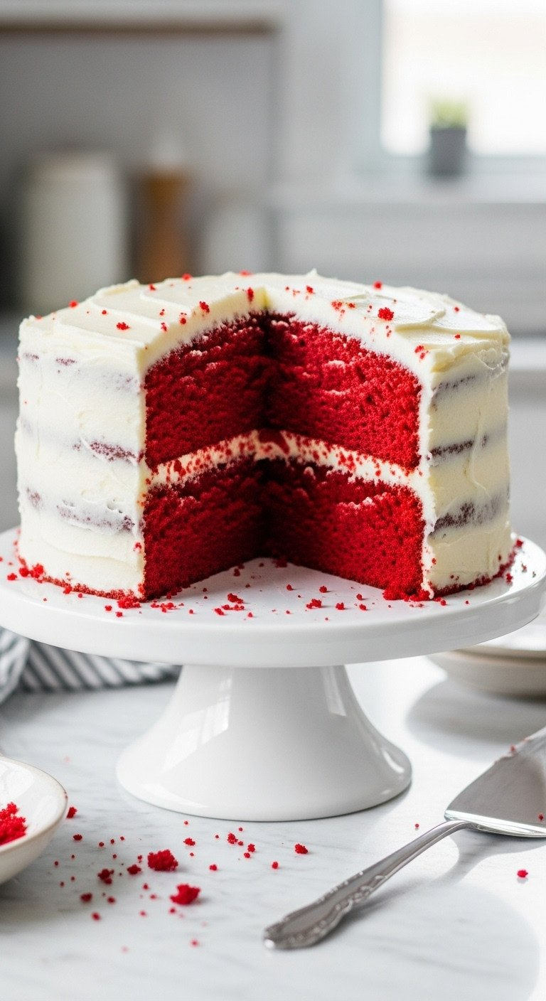 Heart-Shaped Red Velvet Cake Slice With Rich Red Crumb, White Cream Cheese Frosting On Marble, Ready To Serve.
