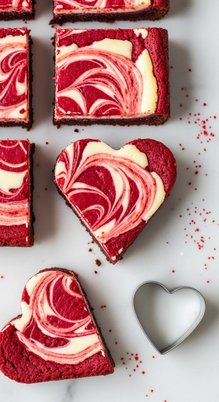 Heart-Shaped Red Velvet Cheesecake Brownies With White Cream Cheese Swirls, Fudgy Texture, On A Marble Counter With Glitter. Valentines Dessert.