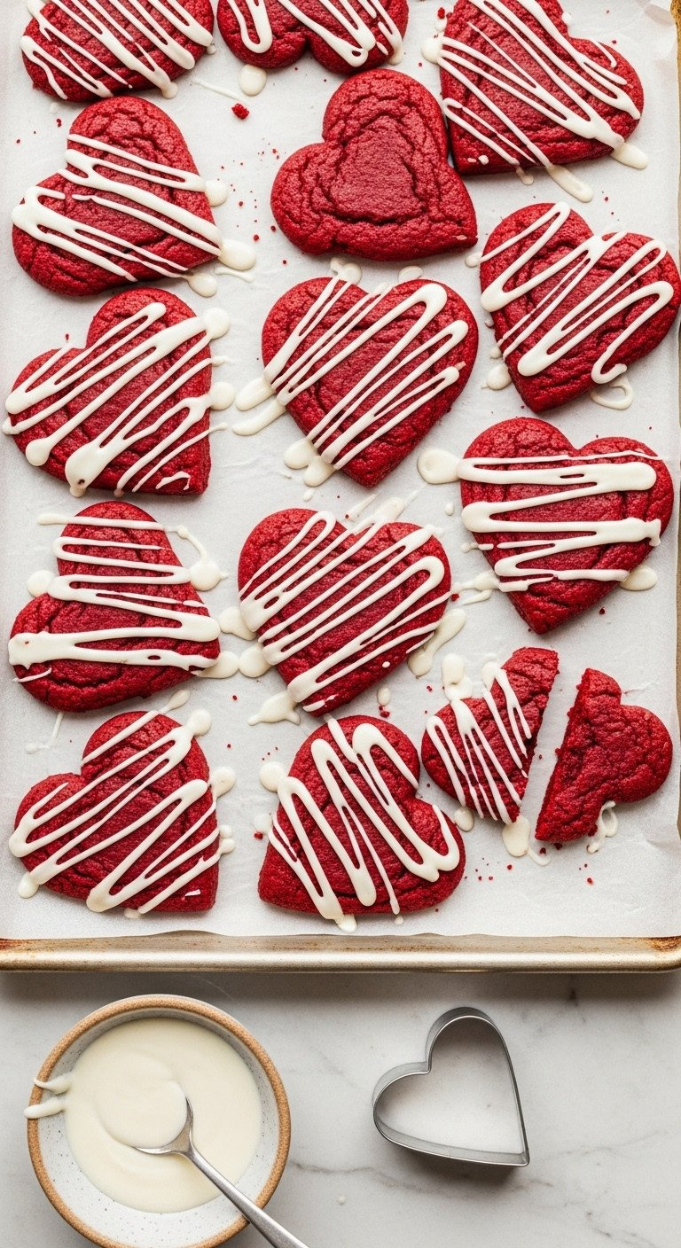 Heart-Shaped Red Velvet Sugar Cookies With White Cream Cheese Glaze, Fresh Baked On Parchment Paper, Perfect For Valentine's.