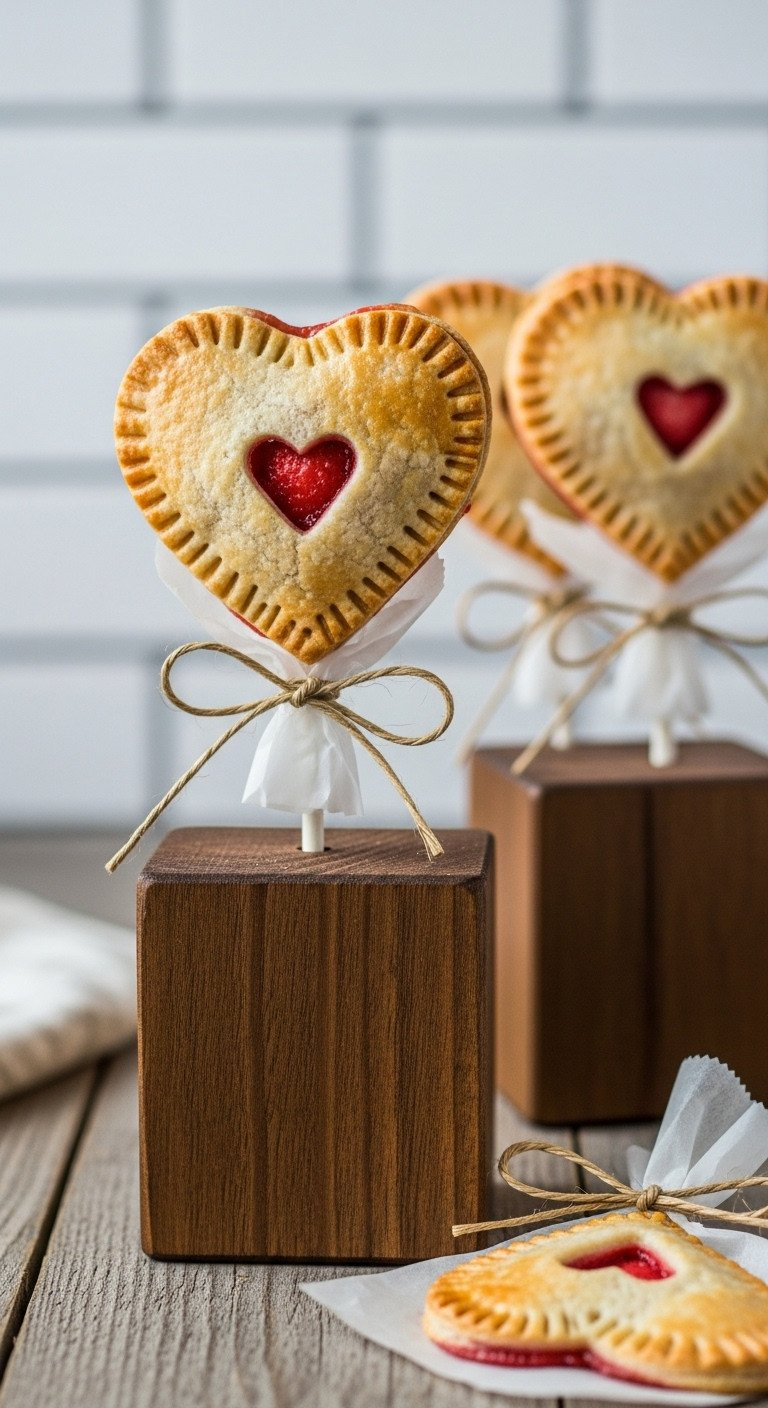 Heart-Shaped Strawberry Pie Pops With Crimped Edges In Rustic Wooden Holder &Amp; Twine Bows. Sweet Dessert.