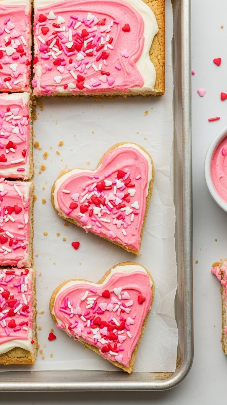 Heart-Shaped Sugar Cookie Bar With Pink And White Frosting, Festive Sprinkles On A Parchment Baking Sheet, Bright Daylight.