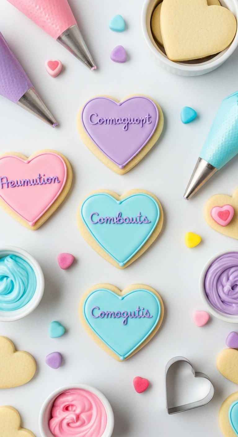 Heart-Shaped Sugar Cookies With Pastel Pink, Purple, Blue Royal Icing, Neatly Arranged On A White Surface With Baking Tools.