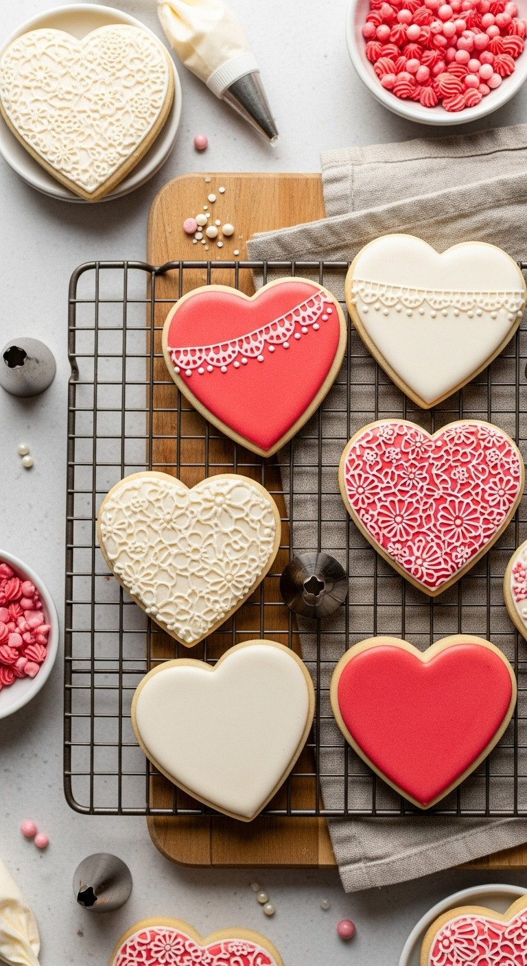 Heart-Shaped Sugar Cookies With Pink &Amp; Red Royal Icing And Lace Designs On Cooling Rack. Perfect For Valentine's Day Sweet Treats.