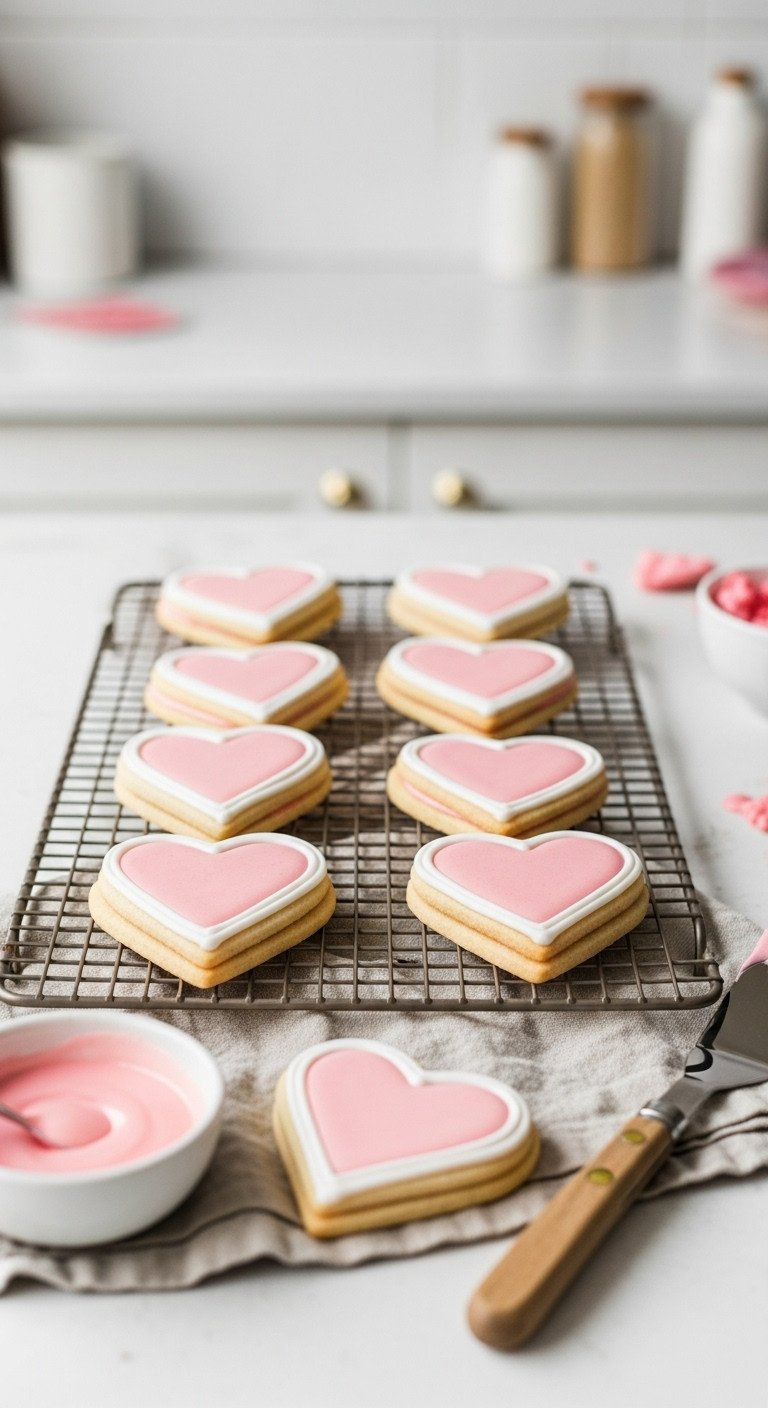 Heart-Shaped Sugar Cookies With White Royal Icing Borders And Soft Pink Glaze, Arranged Neatly On A Cooling Rack.