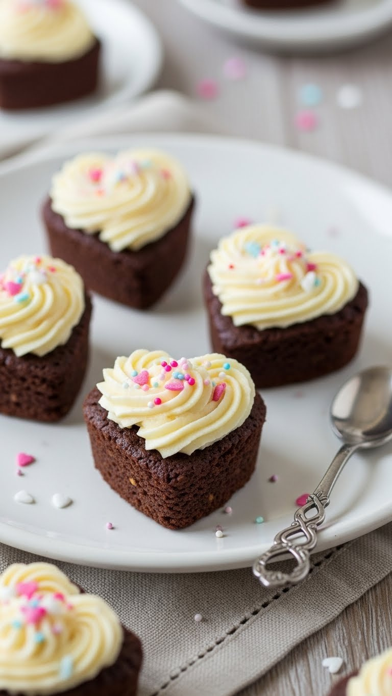 Heart-Shaped Sweet Potato Brownies With Creamy Frosting And Colorful Sprinkles On White Ceramic Plate